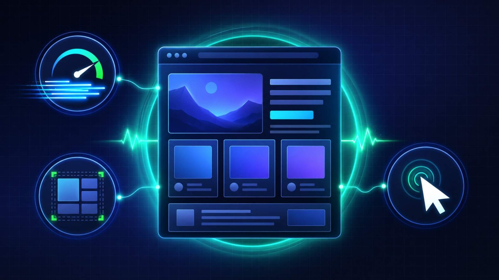 איור של Core Web Vitals - עמוד אתר במרכז מוקף בשלושת המדדים: מד מהירות טעינה (LCP), מסגרת יציבות ויזואלית (CLS) וסמן תגובתיות לאינטראקציה (INP), עם קו דופק שמחבר ביניהם